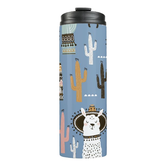 Llama, Cactus, Hand-Drawn Elements Pattern. Thermal Tumbler (Front)