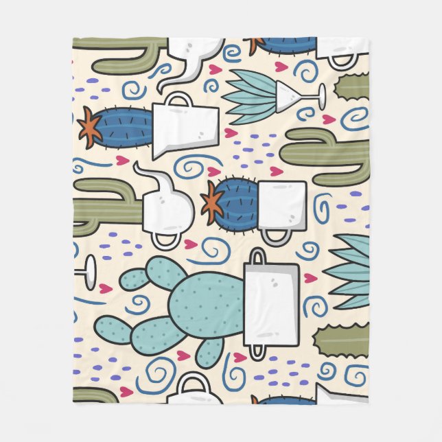 Llama Cactus: Hand-Drawn Seamless Design Fleece Blanket (Front)