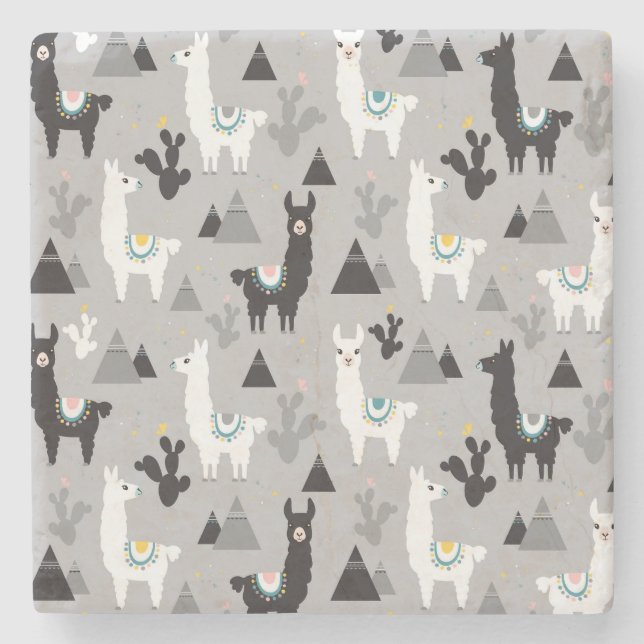 Llama cactus mountains, seamless pattern. stone coaster (Front)