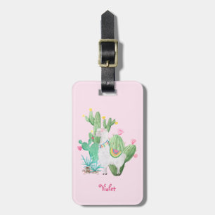 Llama & Cactus Watercolor Scene - Pastel Pink Luggage Tag
