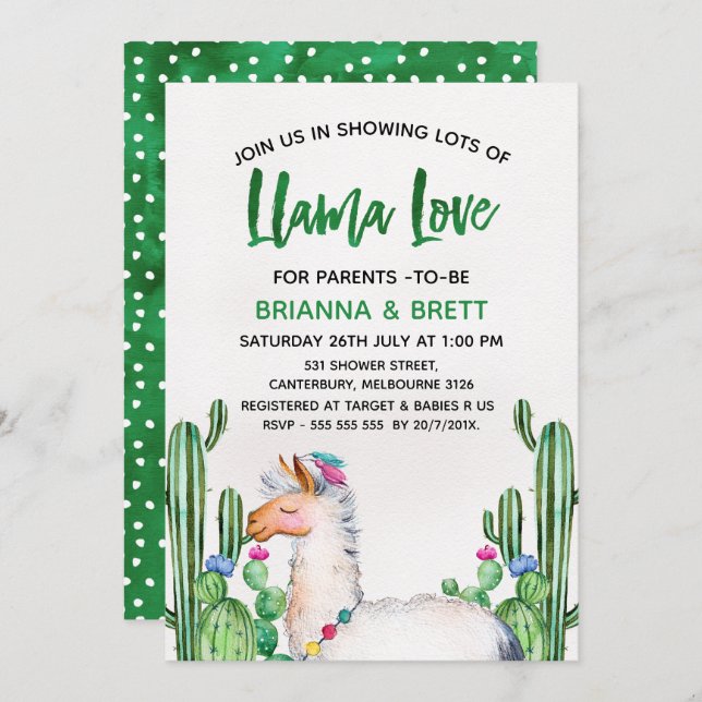 Llama Cacus Watercolor Baby Shower Invitation (Front/Back)
