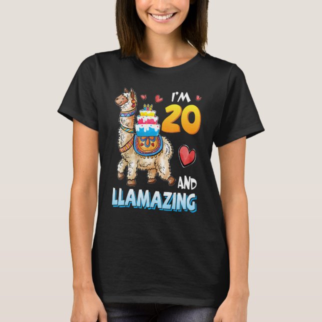Llama Carrying Birthday Cake I'm 20 Years Old And  T-Shirt (Front)