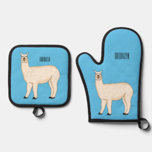 Llama cartoon illustration oven mitt & pot holder set