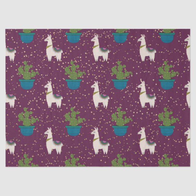 Llama, Catcus and Stars on Purple Decoupage Tissue Paper (Front)