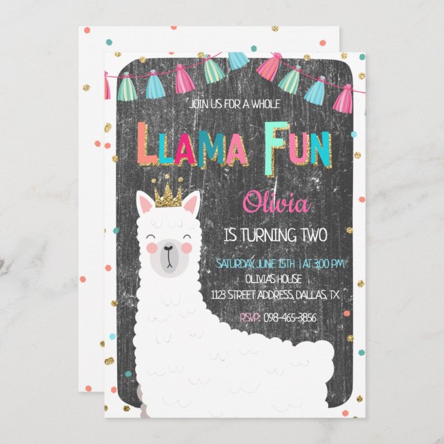 Llama Chalkboard Birthday Invitation (Front/Back)