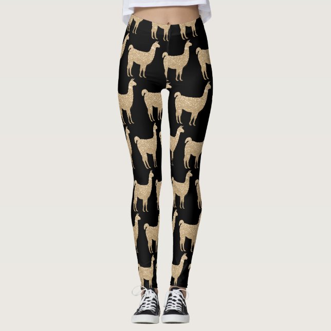 Llama Champagne Gold glitter Sparkles pattern Leggings (Front)