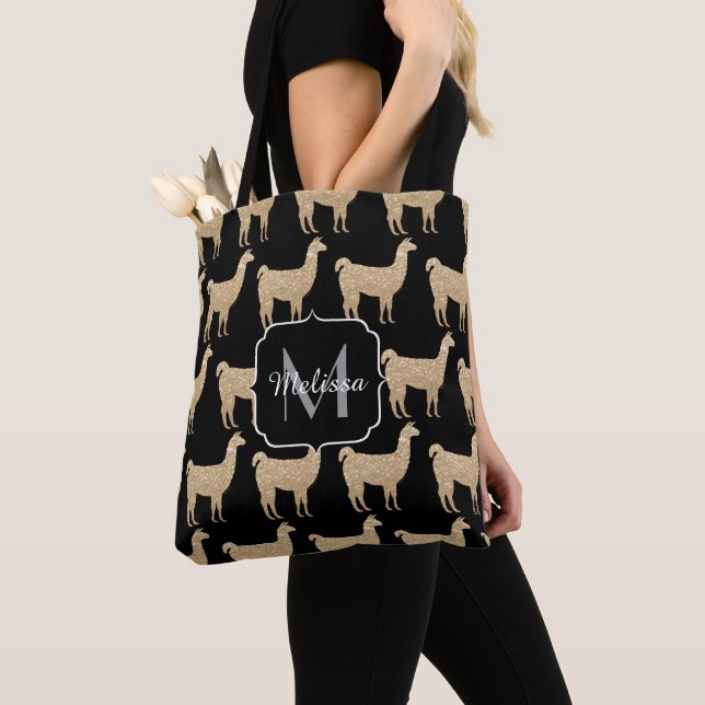 Llama Champagne Gold Sparkles pattern Monogram Tote Bag (Close Up)