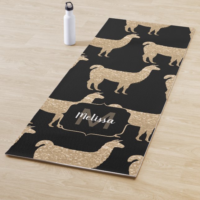 Llama Champagne Gold Sparkles pattern Monogram Yoga Mat (In Situ)