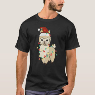 Llama Christmas Lights Tree Santa Hat Merry Chris T-Shirt