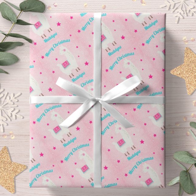 llama Christmas Pink Snow Stars Personalised Wrapping Paper (Creator Uploaded)