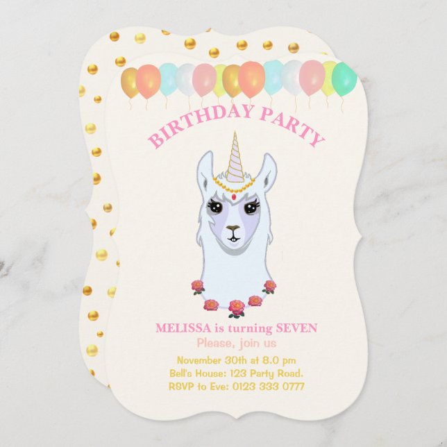 Llama-corn 7th Birthday Party Invitation (Front/Back)