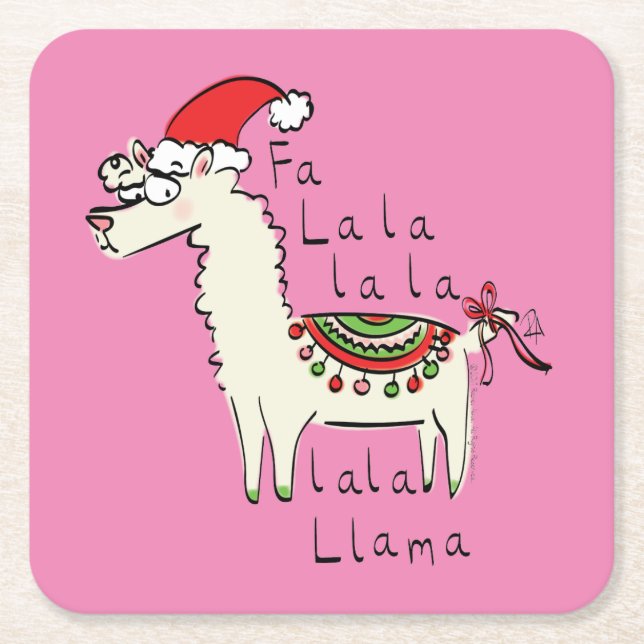 Llama Cute Funny Christmas Holiday Square Paper Coaster (Front)