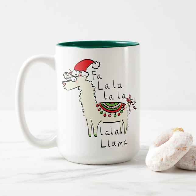 Llama Cute Funny Christmas Holiday Two-Tone Coffee Mug (With Donut)