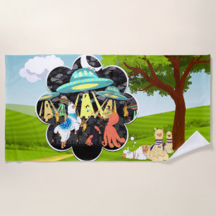 Llama Dreams Llama vs Outer space Squid Battle Beach Towel