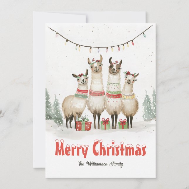 Llama Family of 4 Christmas Holiday Card (Front)