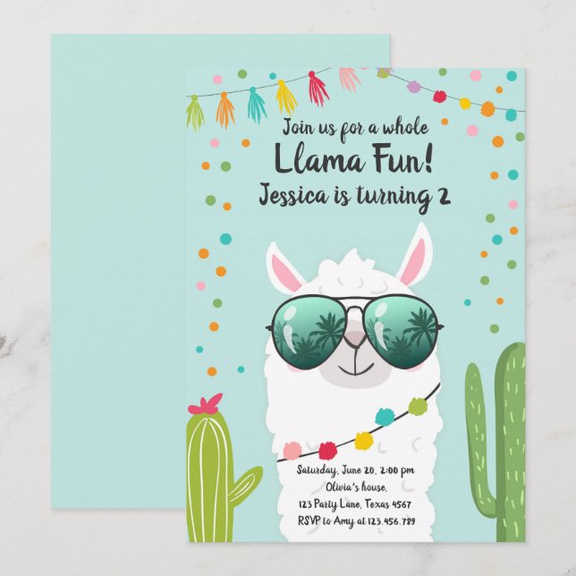 Llama Fiesta Birthday Alpaca Fiesta Blue Girl Invitation (Front/Back)