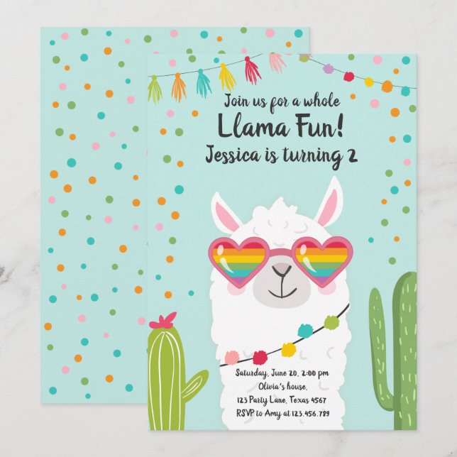 Llama Fiesta Heart Sunglasses Birthday Invitation (Front/Back)