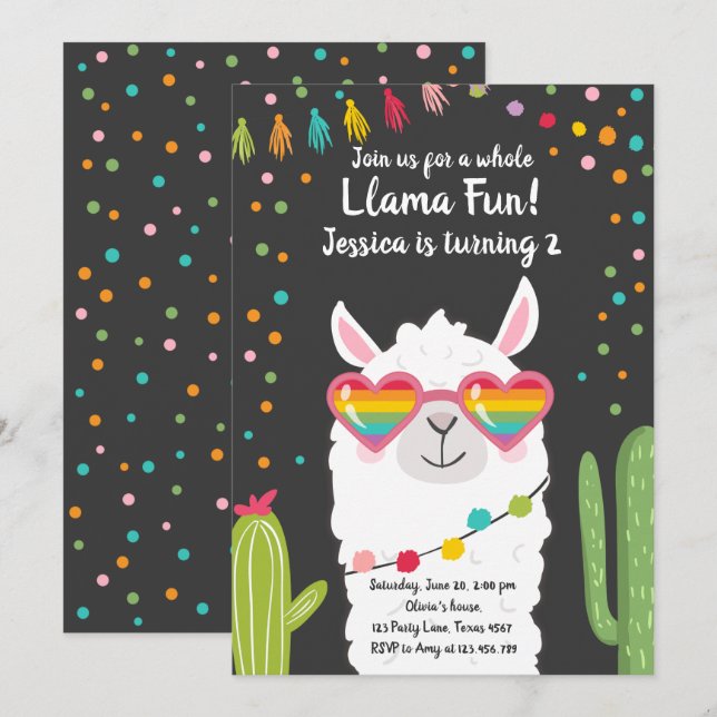 Llama Fiesta Heart Sunglasses Birthday Invitation (Front/Back)