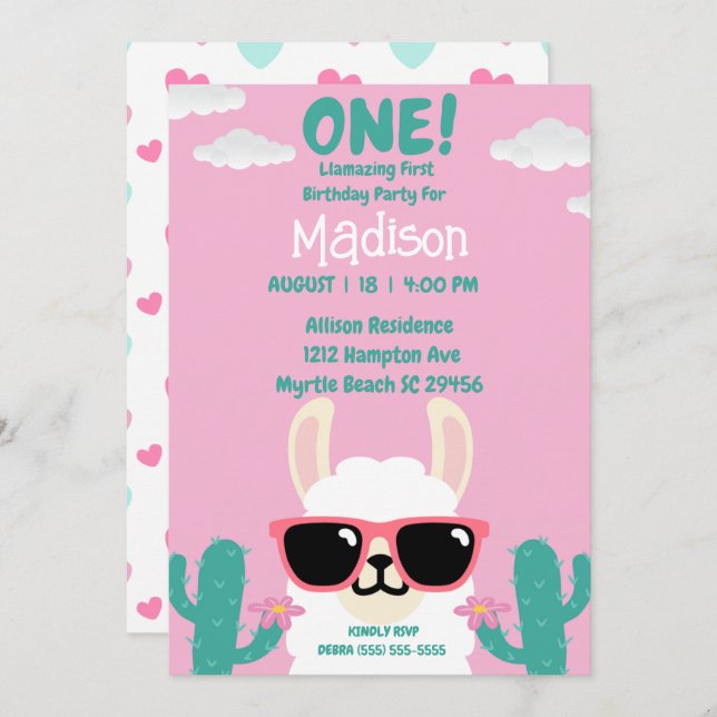 Llama First Birthday Pink Green Party  Invitation (Front/Back)