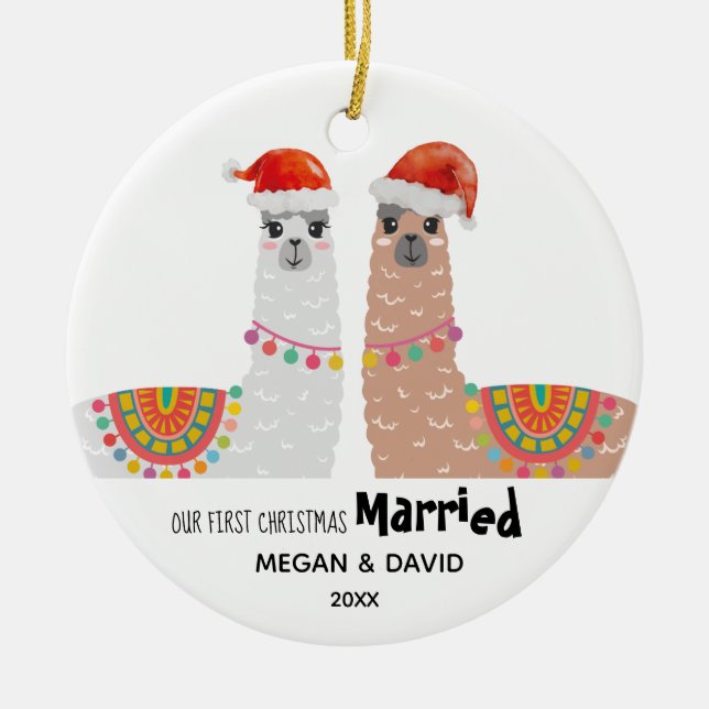 Llama First Christmas Married Funny Santa Hat Ceramic Ornament (Front)