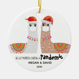 Llama First Pandemic Married Funny Santa Hat Ceramic Ornament