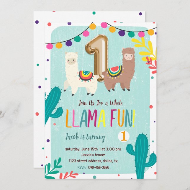 Llama Fun 1st Birthday Invitation (Front/Back)