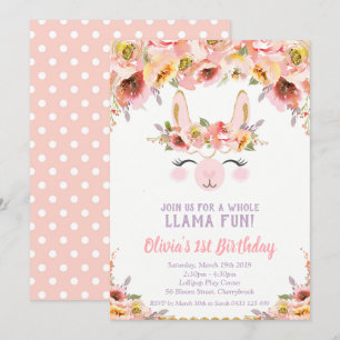 Llama Fun 1st Birthday Invitations Girls Floral