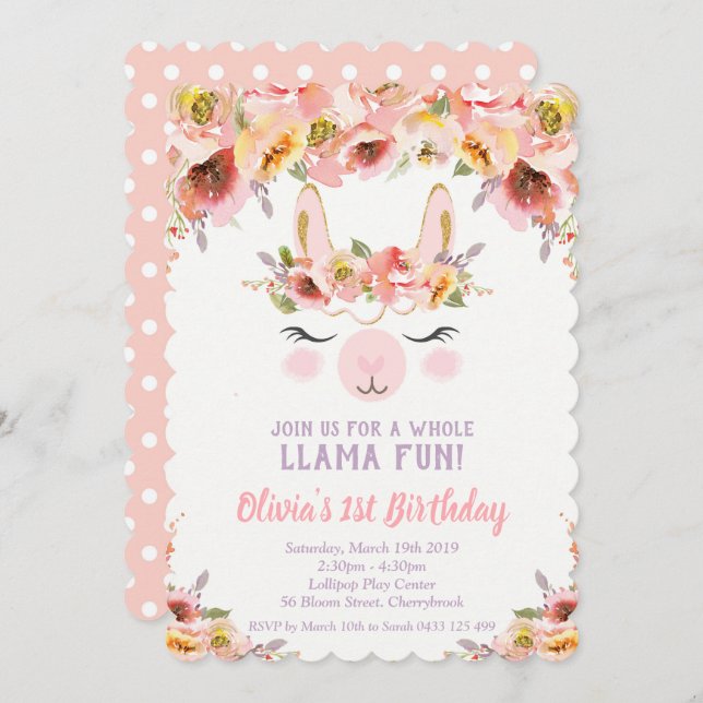 Llama Fun 1st Birthday Invitations Girls Floral (Front/Back)