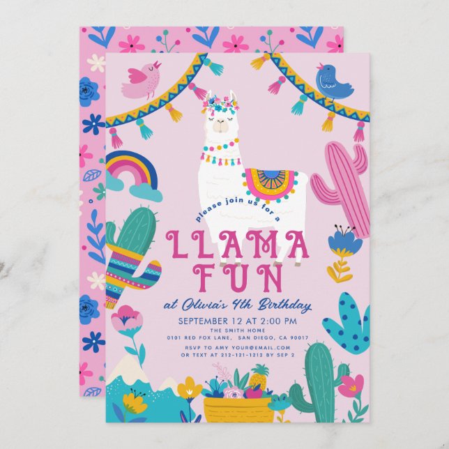 Llama Fun Alpaca Girl Pink Birthday Invitation (Front/Back)