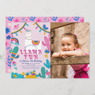 Llama Fun Alpaca Girl Pink Birthday Photo Invitation
