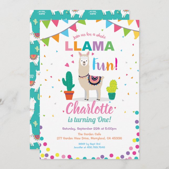 Llama fun birthday invitation. Girl first 1st bday Invitation (Front/Back)