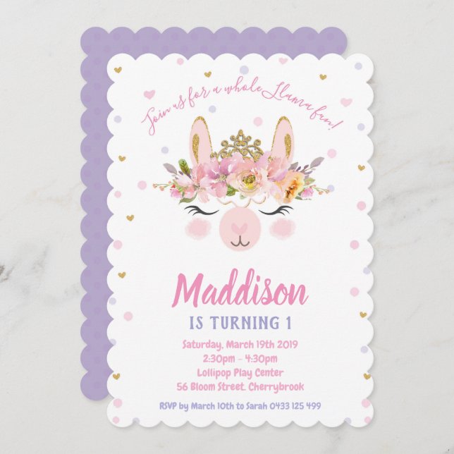 Llama Fun Birthday Invitations Girls Alpaca (Front/Back)