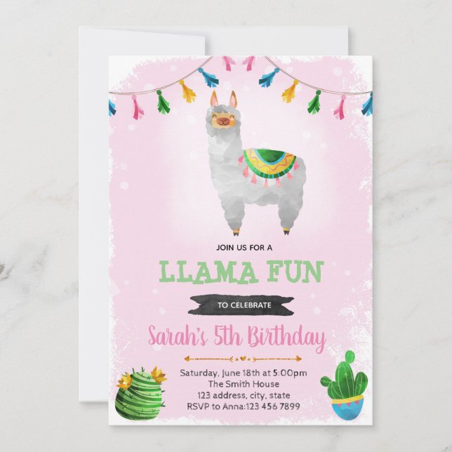 Llama fun birthday party invitation (Front)