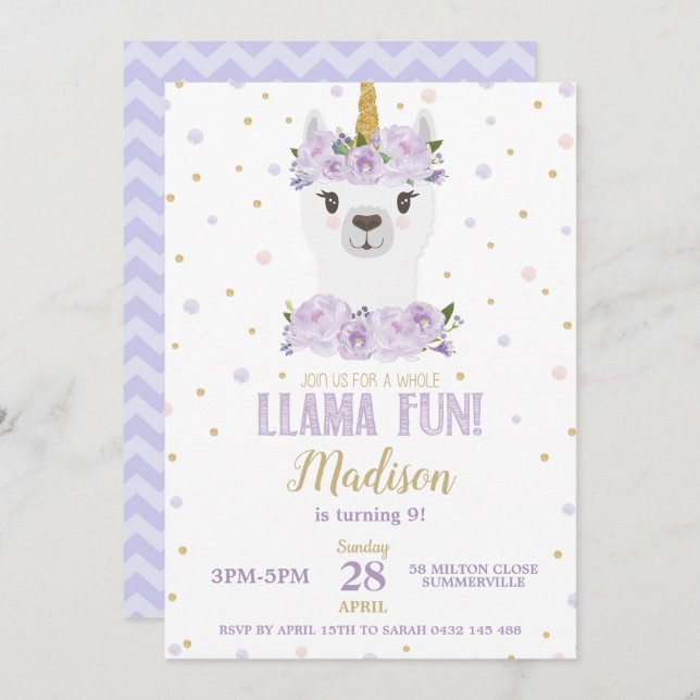 Llama Fun Birthday Party Purple Floral Girl Invitation (Front/Back)