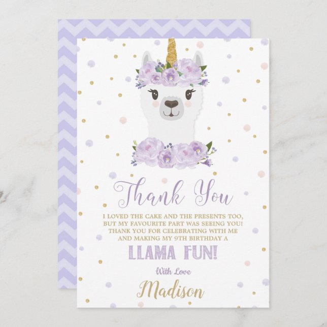 Llama Fun Birthday Party Purple Floral Thank You Invitation (Front/Back)