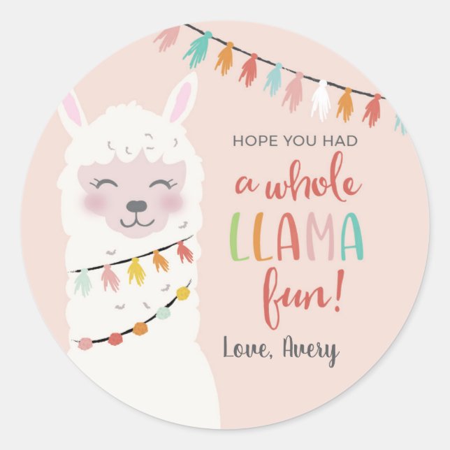 Llama Fun Birthday Thank You Favour Round Sticker (Front)