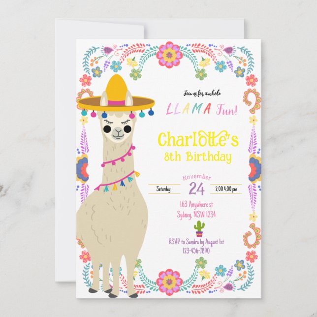 Llama fun fiesta Birthday invitation (Front)