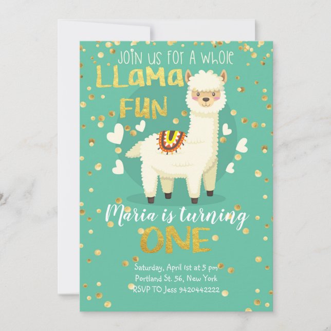 Llama Fun Gold and Green Birthday Invitation  (Front)