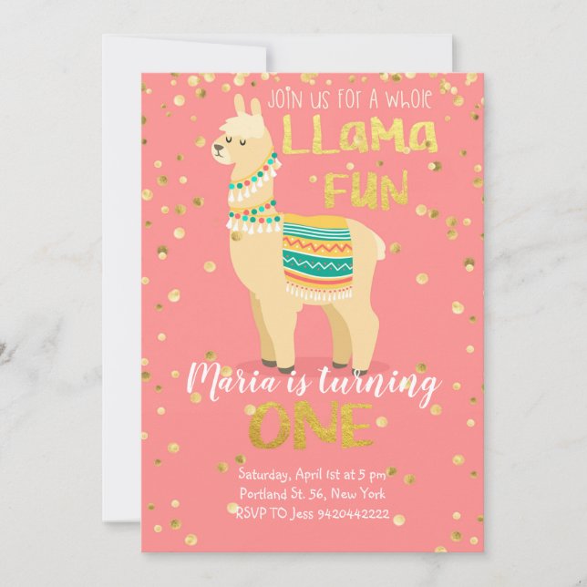 Llama Fun Gold and Pink Birthday Invitation  (Front)