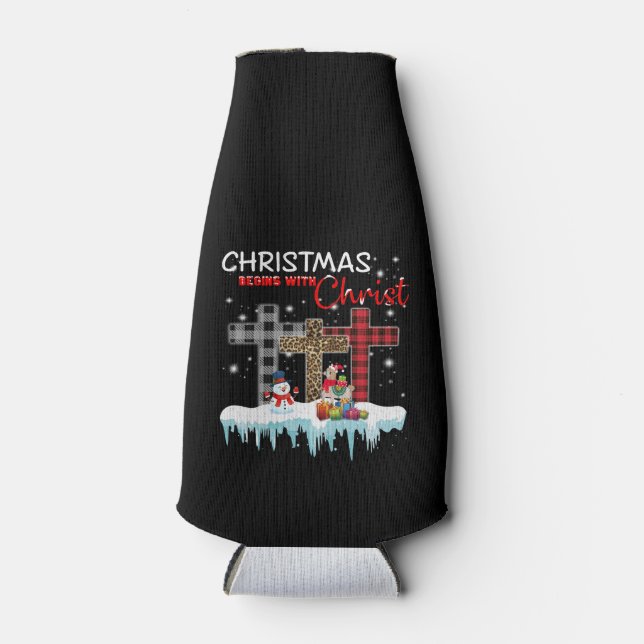 Llama Gift | Christmas Begins With Christ Bottle Cooler (Front)