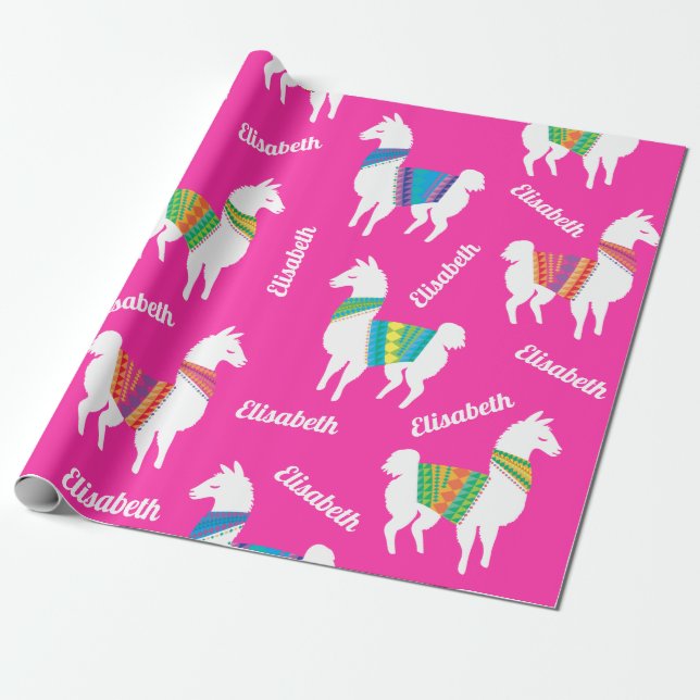 Llama Girls Birthday Custom Name and Colour Wrapping Paper (Unrolled)
