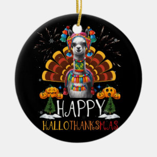 Llama Happy Hallothanksmas Halloween Thanksgiving Ceramic Ornament