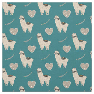 Llama Heart Love Pattern on Teal Fabric