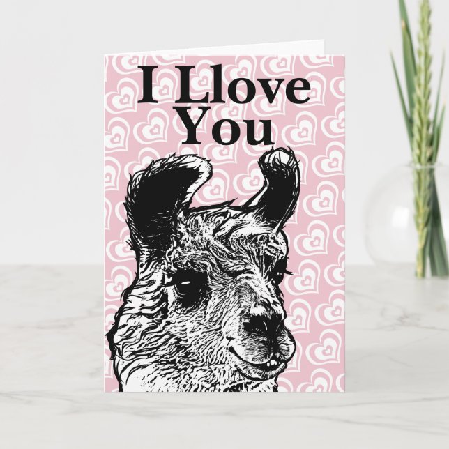 Llama Illustration I Llove You Hearts Holiday Card (Front)