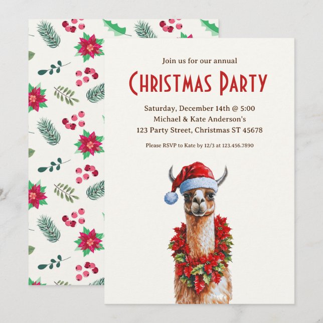 Llama in a Santa Hat Poinsettias Christmas Party Invitation (Front/Back)
