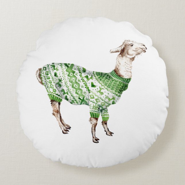 Llama in Green Sweater Round Cushion (Front)