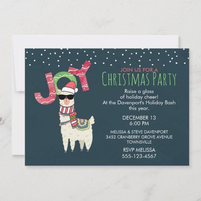 Llama in Santa Hat and Sunglasses Christmas Party Invitation (Front)
