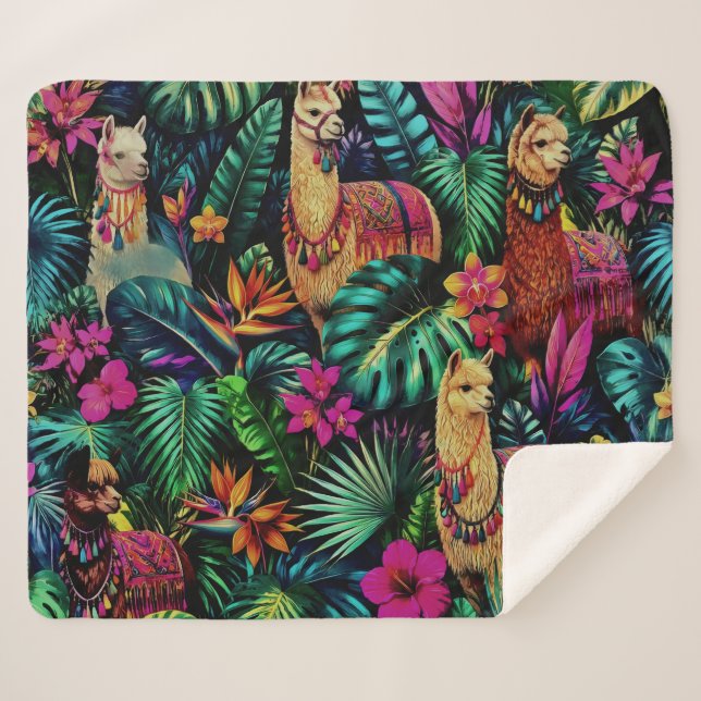 Llama Jungle Dreams Seamless Surface Pattern Sherpa Blanket (Front (Horizontal))