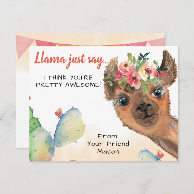 Llama Just Say Kids Classroom Valentine's Day Card (Front/Back)