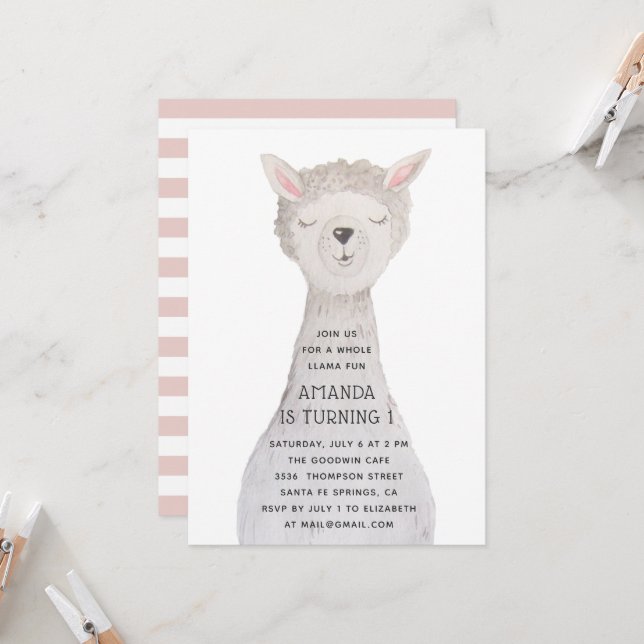 Llama Kids Birthday | Alpaca Farm Animal Party Invitation (Front/Back In Situ)